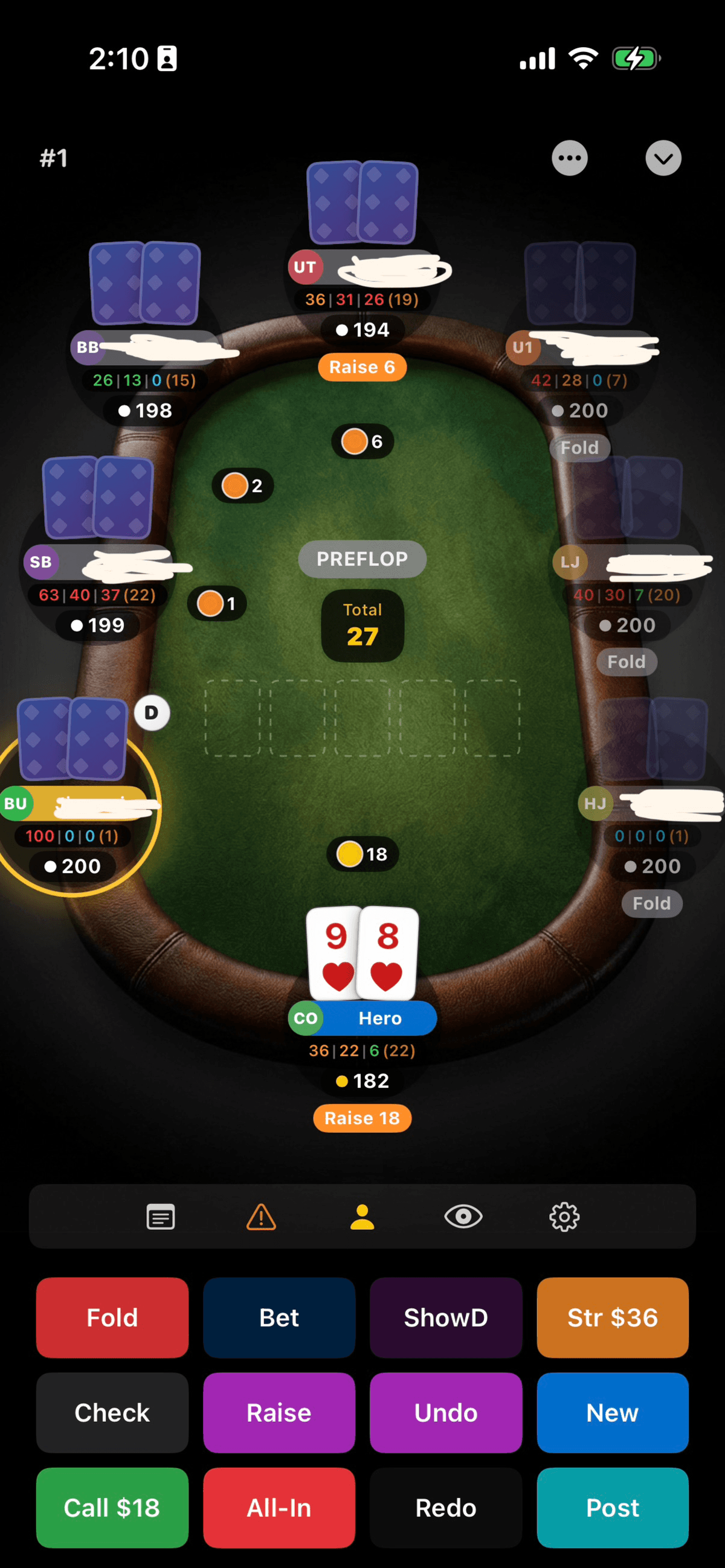 TiltFree hand recording — poker table view with player HUD stats
