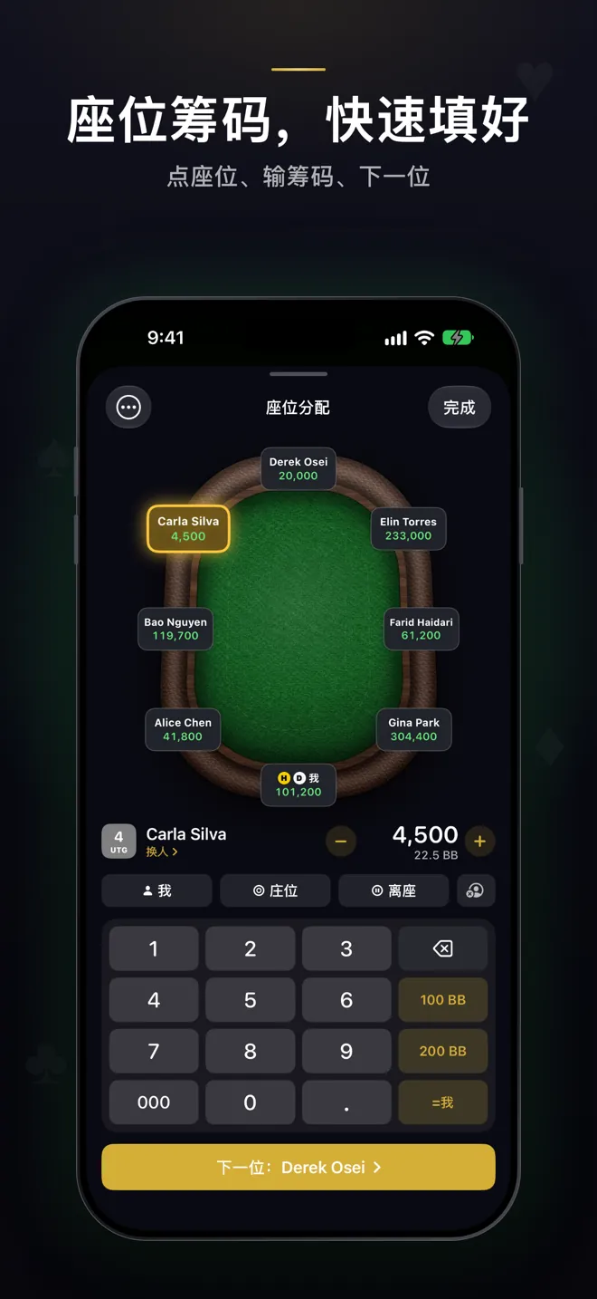 座位与筹码界面：牌桌上每位玩家的筹码，下方是带 100 BB、200 BB 和“同自己”快捷键的数字键盘